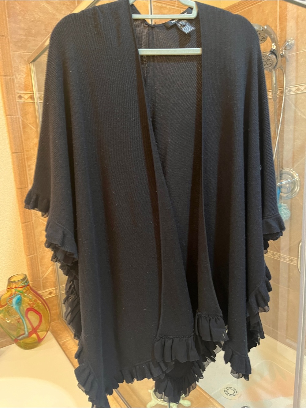 Ellen Tracy Black Ruffle-Trim Open Front Cape